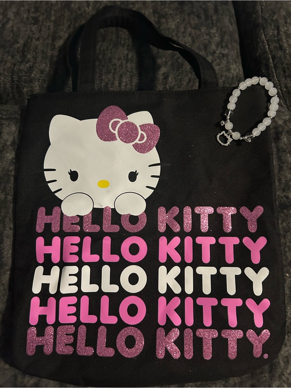 Hello Kitty Black Tote Bag with Pink Glitter and White Accents & Bracelet